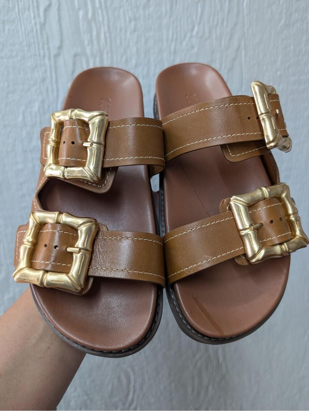 SHUTZ Enola Sporty Leather Slides Sandals Gold Buckles Women's Size 8 - Picture 2 of 9